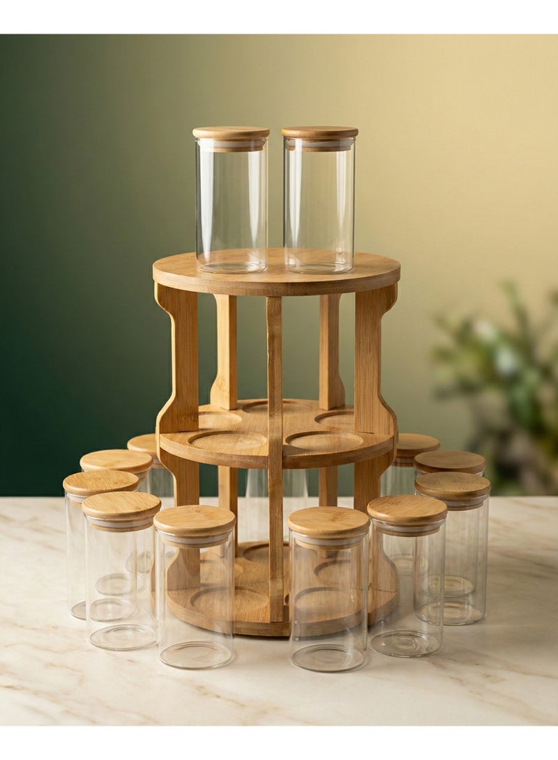 طقم توابل من Casa Home مصنوع من زجاج بعدد 10 قطعة وبسعة 250 مل مع أغطية بامبو ويأتي مع ستاند للتنظيم.